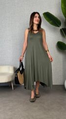 Kadın çan Dokuma Kumaş V Yaka Asimetrik Kesim Elbise