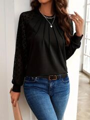 Kadın Uzun Kollu Bisiklet Yaka Kollar Dantel önü çizgi Detaylı Viskon Bluz