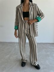 OTTOMAN ÇİZGİLİ CEKET-PANTOLON TK - Bej