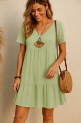 Kadın Kısa Kollu V Yakalı Fırfırlı Bürümcük Elbise