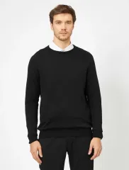 Unisex Uzun Kol Biskilet Yaka Dokuma Triko - Siyah