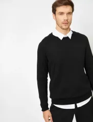 Unisex Uzun Kol Biskilet Yaka Dokuma Triko - Siyah