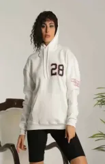 Unisex Kapşonlu Baskılı Sweetshirt - Beyaz
