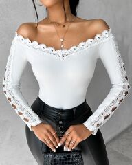 Kadın Uzun Kollu Madonna Yaka Dantel Detaylı Ithal Krep Bluz