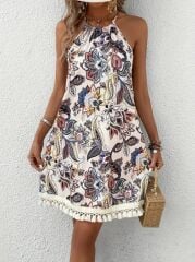 Kadın Halter Yaka Eteği Püsküllü Boyundan Bağlamalı çiçek Desen Süprem Elbise