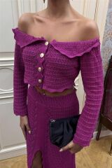 Madonna Yaka Derin Yırtmaç Etekli Şık Triko Takım 10099