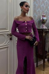 Madonna Yaka Derin Yırtmaç Etekli Şık Triko Takım 10099