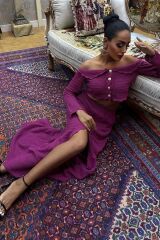 Madonna Yaka Derin Yırtmaç Etekli Şık Triko Takım 10099