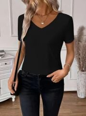Kadın Kısa Kollu V Yakalı Arkası Dantelli Viskon Bluz