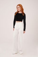 Bol Paça Piliseli Beyaz Pantolon