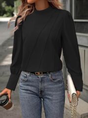 Kadın Uzun Kollu Balıkçı Yaka önden Dikişli Dokuma Bluz