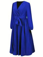 Kadın Uzun Kollu Kruvaze Yaka Belinde Toka Detaylı Pileli Uzun Ithal Krep Elbise