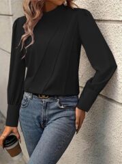 Kadın Uzun Kollu Balıkçı Yaka önden Dikişli Dokuma Bluz