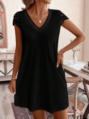 Kadın Kısa Kollu V Yakalı Viskon Elbise