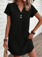 Kadın Kısa Kollu V Yakalı Düğmeli Müslim Kısa Elbise