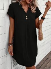 Kadın Kısa Kollu V Yakalı Düğmeli Müslim Kısa Elbise