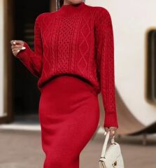 Kadın Uzun Kollu Balıkçı Yaka Bluz Ve Etek Ikili Triko Takım