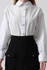 Pileli Kontrast Gömlek Elbise - Beyaz