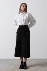 Pileli Kontrast Gömlek Elbise - Beyaz