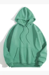 3 İplik Pamuklu Unisex Kapşonlu Sweetshirt - Mint Yeşili