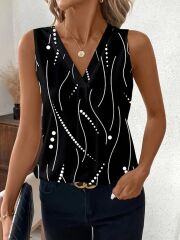 Kadın Sıfır Kollu V Yakalı Desenli Dalgıç Bluz