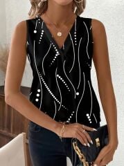 Kadın Sıfır Kollu V Yakalı Desenli Dalgıç Bluz