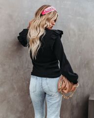 Kadın Uzun Kollu Bisiklet Yaka Omuzları Fırfırlı Triko Bluz