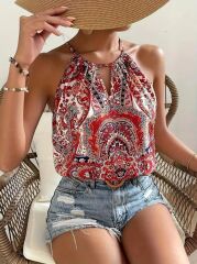 Kadın Halter Kollu Damla Detaylı Desenli Süprem Bluz