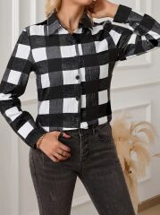 Kadın Uzun Kollu Ekoseli önden Düğmeli Dokuma Uzun Gömlek