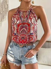 Kadın Halter Kollu Damla Detaylı Desenli Süprem Bluz