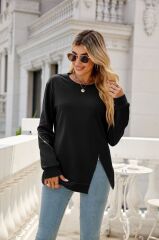 Kadın Uzun Kollu Bisiklet Yaka Fermuar Detay Iki Iplik Bluz