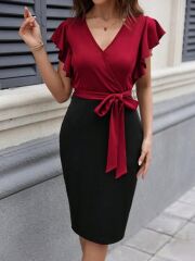 Kadın Kısa Kelebek Kollu Kruvaze Yakalı çift Renkli Kuşaklı Ithal Krep Elbise