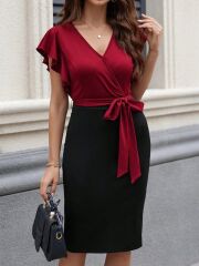 Kadın Kısa Kelebek Kollu Kruvaze Yakalı çift Renkli Kuşaklı Ithal Krep Elbise