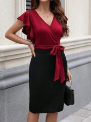 Kadın Kısa Kelebek Kollu Kruvaze Yakalı çift Renkli Kuşaklı Ithal Krep Elbise