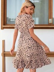 Kadın Kısa Kollu Bisiklet Yaka Desenli Süprem Elbise