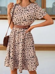 Kadın Kısa Kollu Bisiklet Yaka Desenli Süprem Elbise