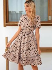 Kadın Kısa Kollu Bisiklet Yaka Desenli Süprem Elbise