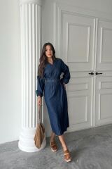 Mavi Tencel Uzun Kollu Elbise