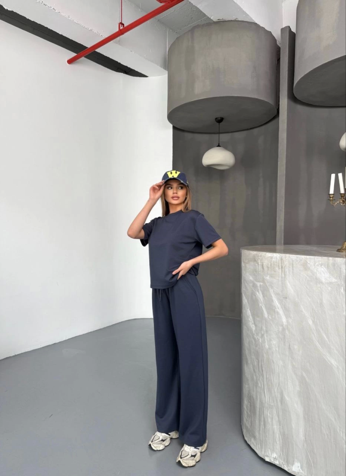 Osy Modal Yumuşak Dokulu Kumaş Kısa Kollu Bluz Rahat Pantalon Ikili Takım- Füme