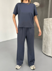 Osy Modal Yumuşak Dokulu Kumaş Kısa Kollu Bluz Rahat Pantalon Ikili Takım- Füme