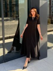 Kadın Kısa Kollu Bisiklet Yaka Maksi Boy Ithal Krep Elbise