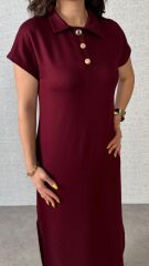 Kadın Kısa Kollu Yakalı Yandan Yırtmaçlı Viskon Iki Iplik Elbise