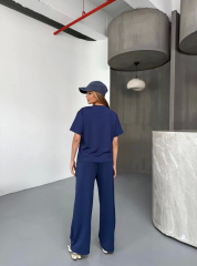 Osy Modal Yumuşak Dokulu Kumaş Kısa Kollu Bluz Rahat Pantalon Ikili Takım- Lacivert