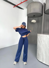 Osy Modal Yumuşak Dokulu Kumaş Kısa Kollu Bluz Rahat Pantalon Ikili Takım- Lacivert