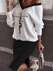 Kadın Uzun Kollu V Yakalı Iki Iplik Bluz Ve şardonlu Kaşkorse Etek Ikili Takım