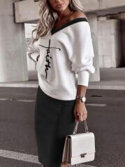 Kadın Uzun Kollu V Yakalı Iki Iplik Bluz Ve şardonlu Kaşkorse Etek Ikili Takım