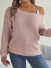 Kadın Uzun Kollu Tek Omuzu Açık Tokalı Triko Bluz