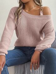 Kadın Uzun Kollu Tek Omuzu Açık Tokalı Triko Bluz