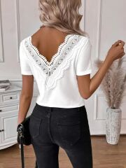 Kadın Kısa Kollu V Yakalı Arkası Dantelli Viskon Bluz