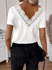 Kadın Kısa Kollu V Yakalı Arkası Dantelli Viskon Bluz